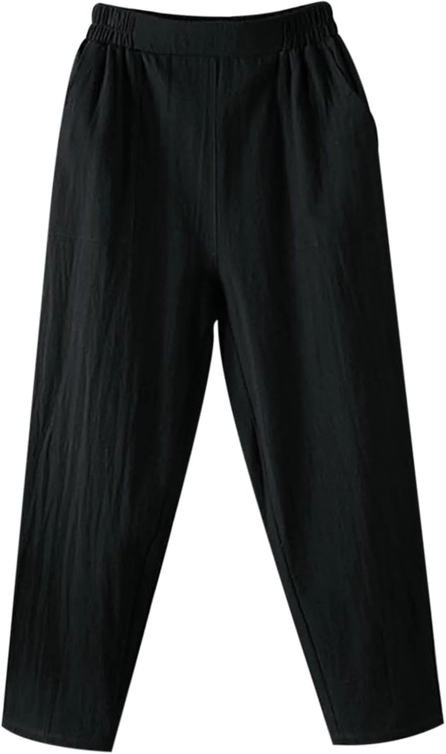 Womens Baggy Wide Leg Pants Casual Drawstring Elastic Waist Linen Carpi Pants Summer 2025 Harem Trousers with Pockets