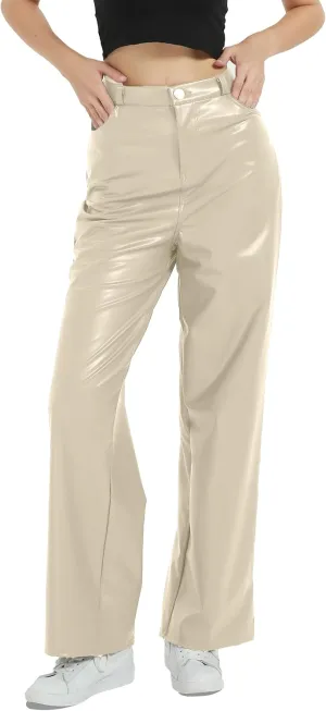 Women's Black Leather Pants - High Waist Faux Leather Straight Leg Bell Bottom Flare Pants