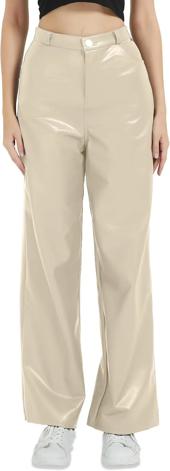 Women's Black Leather Pants - High Waist Faux Leather Straight Leg Bell Bottom Flare Pants