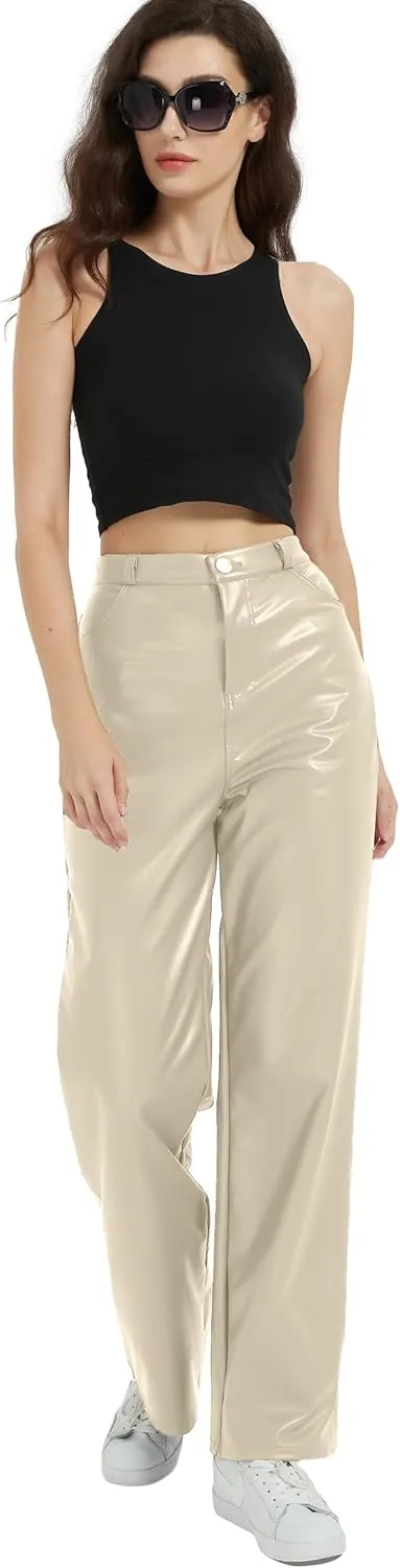 Women's Black Leather Pants - High Waist Faux Leather Straight Leg Bell Bottom Flare Pants