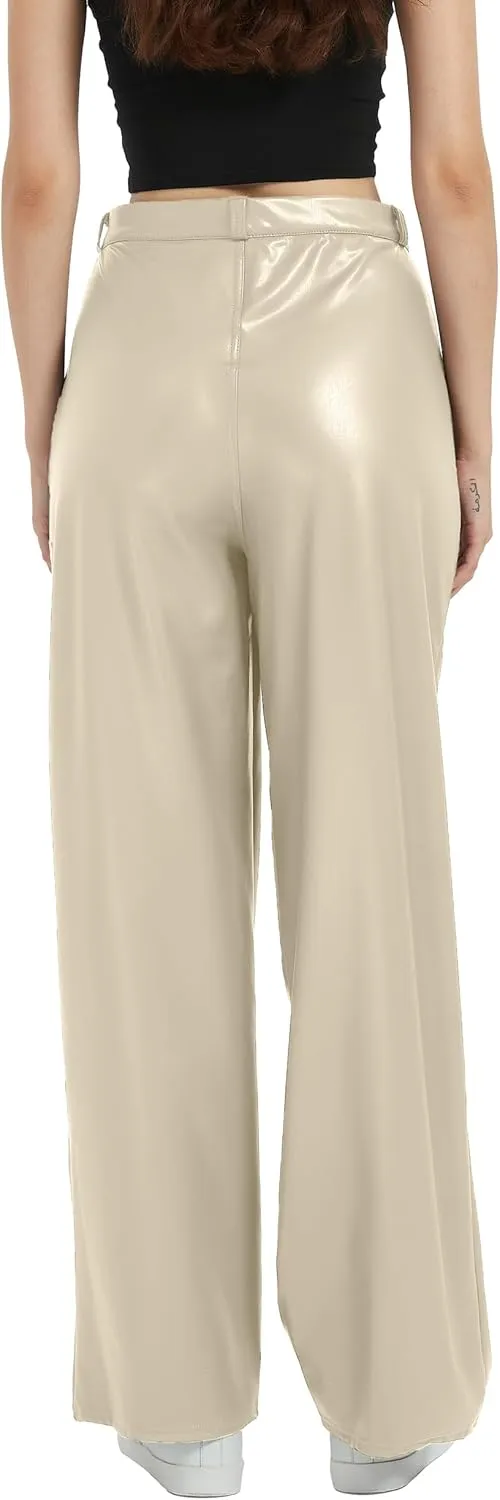 Women's Black Leather Pants - High Waist Faux Leather Straight Leg Bell Bottom Flare Pants