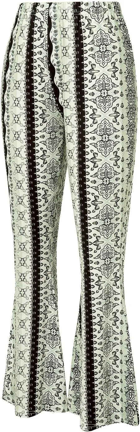Womens Boho Flare Pants Retro Floral Print High Elastic Waist Bell Bottom Straight Wide Leg Yoga Palazzo Trousers