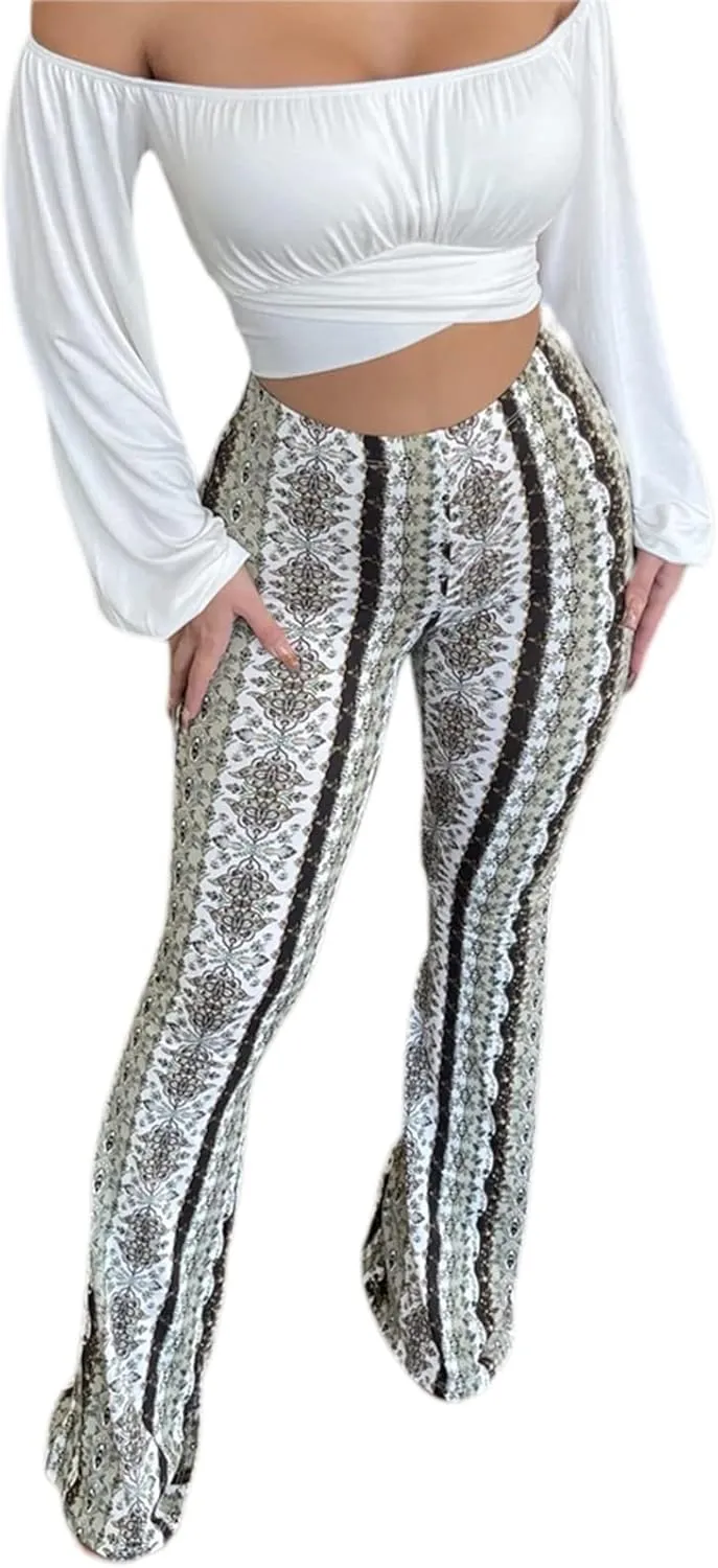 Womens Boho Flare Pants Retro Floral Print High Elastic Waist Bell Bottom Straight Wide Leg Yoga Palazzo Trousers