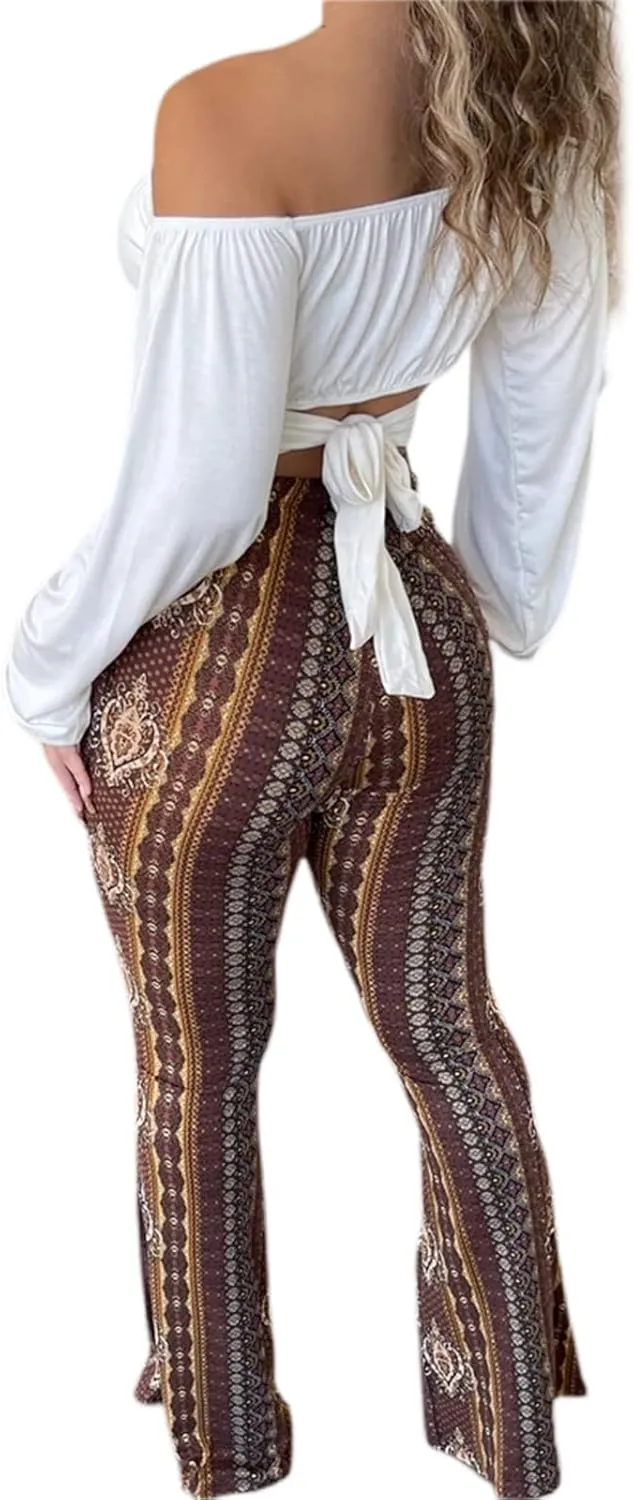 Womens Boho Flare Pants Retro Floral Print High Elastic Waist Bell Bottom Straight Wide Leg Yoga Palazzo Trousers