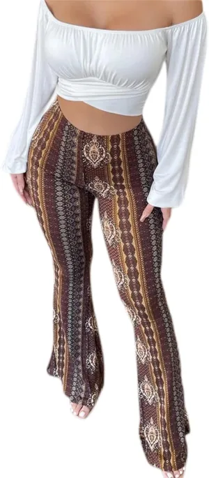 Womens Boho Flare Pants Retro Floral Print High Elastic Waist Bell Bottom Straight Wide Leg Yoga Palazzo Trousers
