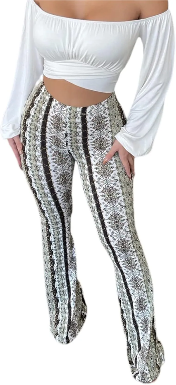 Womens Boho Flare Pants Retro Floral Print High Elastic Waist Bell Bottom Straight Wide Leg Yoga Palazzo Trousers