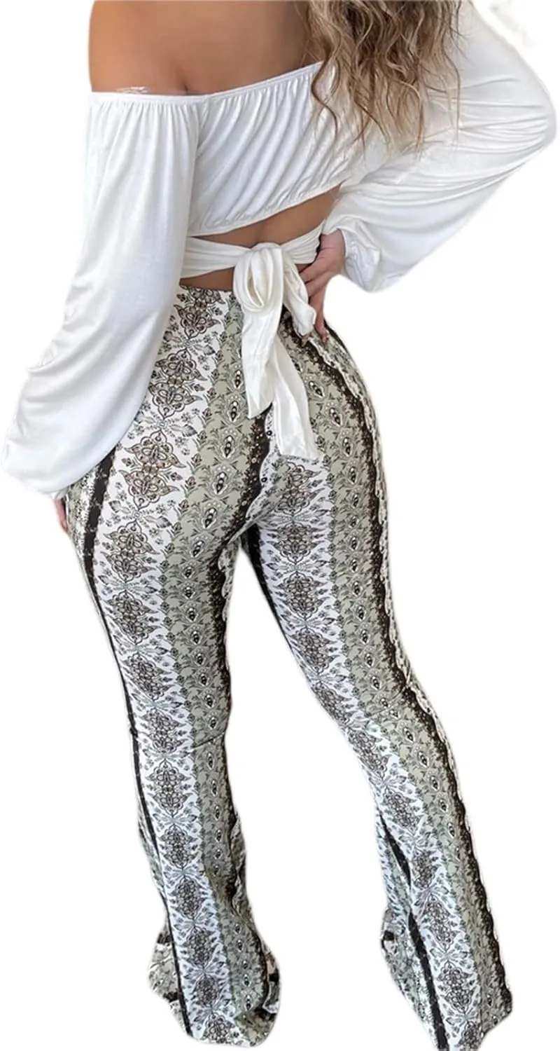 Womens Boho Flare Pants Retro Floral Print High Elastic Waist Bell Bottom Straight Wide Leg Yoga Palazzo Trousers