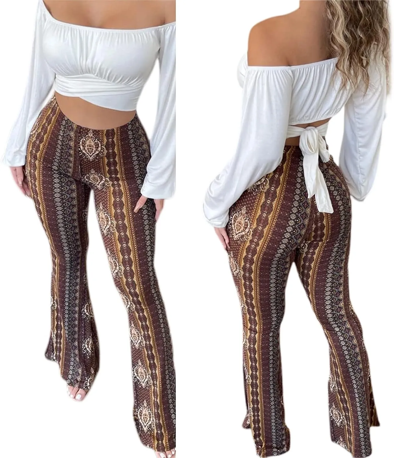 Womens Boho Flare Pants Retro Floral Print High Elastic Waist Bell Bottom Straight Wide Leg Yoga Palazzo Trousers