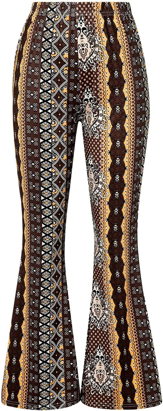 Womens Boho Flare Pants Retro Floral Print High Elastic Waist Bell Bottom Straight Wide Leg Yoga Palazzo Trousers