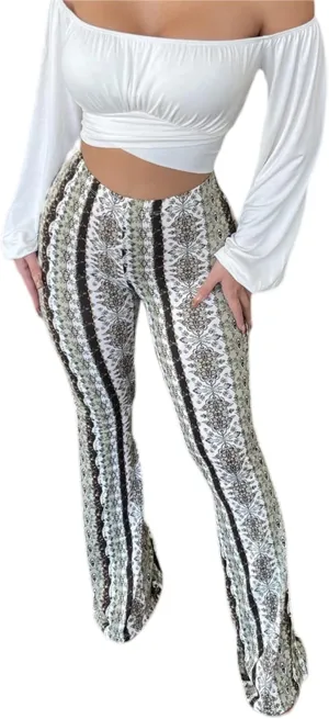 Womens Boho Flare Pants Retro Floral Print High Elastic Waist Bell Bottom Straight Wide Leg Yoga Palazzo Trousers
