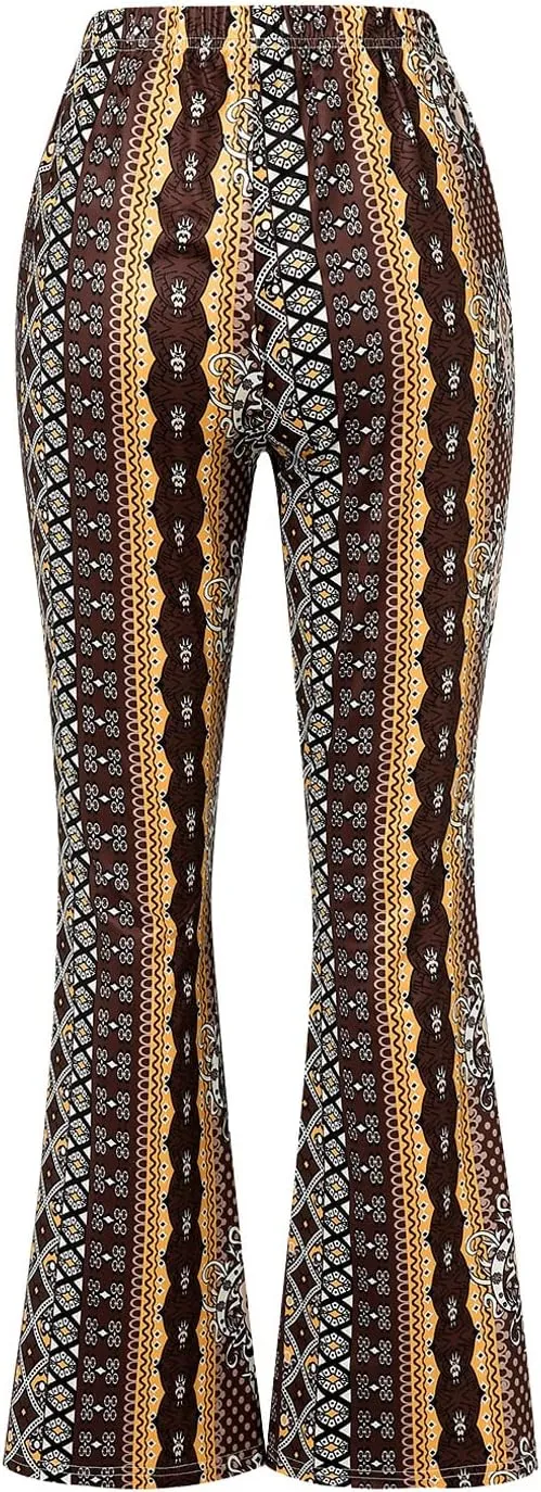 Womens Boho Flare Pants Retro Floral Print High Elastic Waist Bell Bottom Straight Wide Leg Yoga Palazzo Trousers