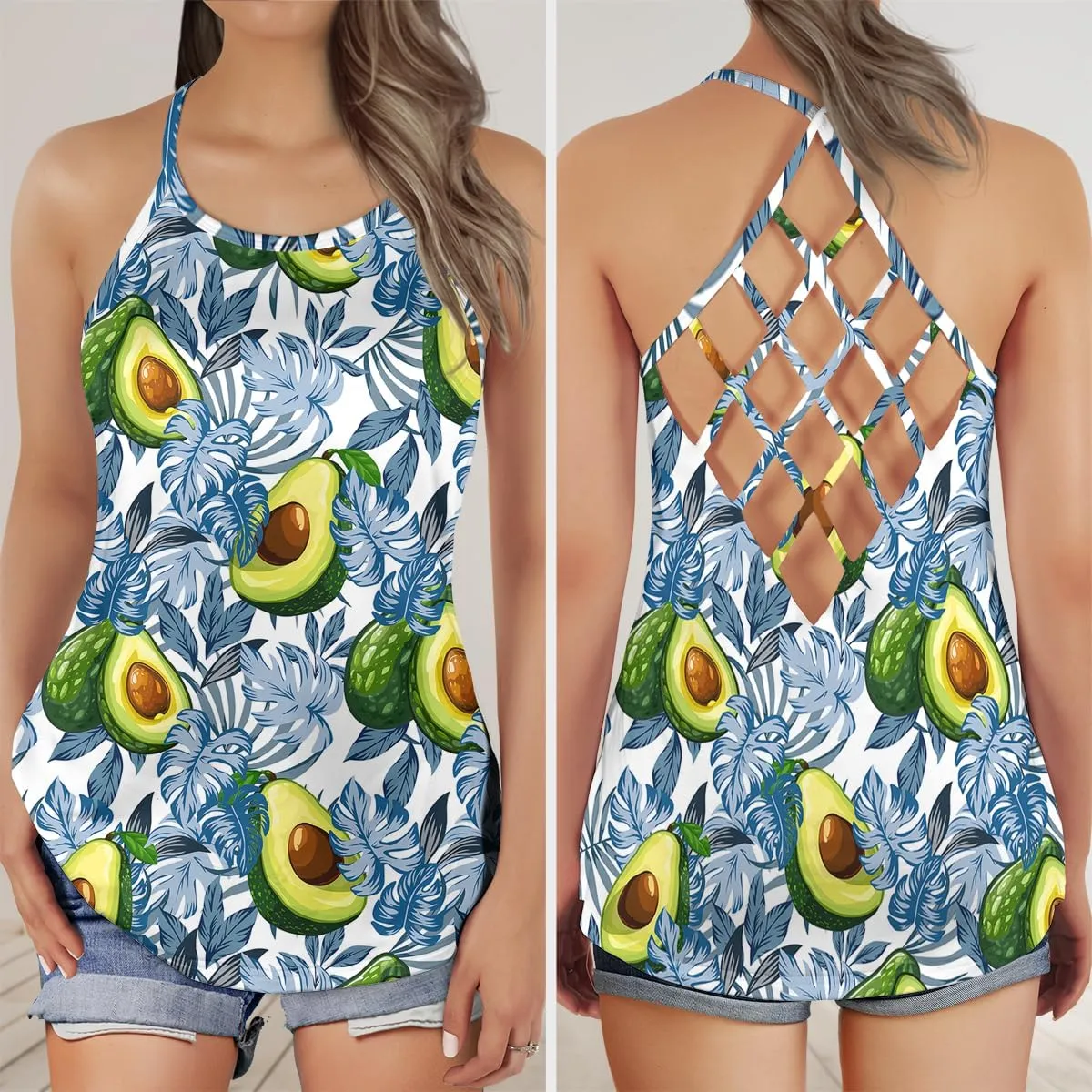 Women's Camisole Tank Tops - Avocado Spaghetti Strap Criss Cross Open Back Tank Summer Top for Women Series 33