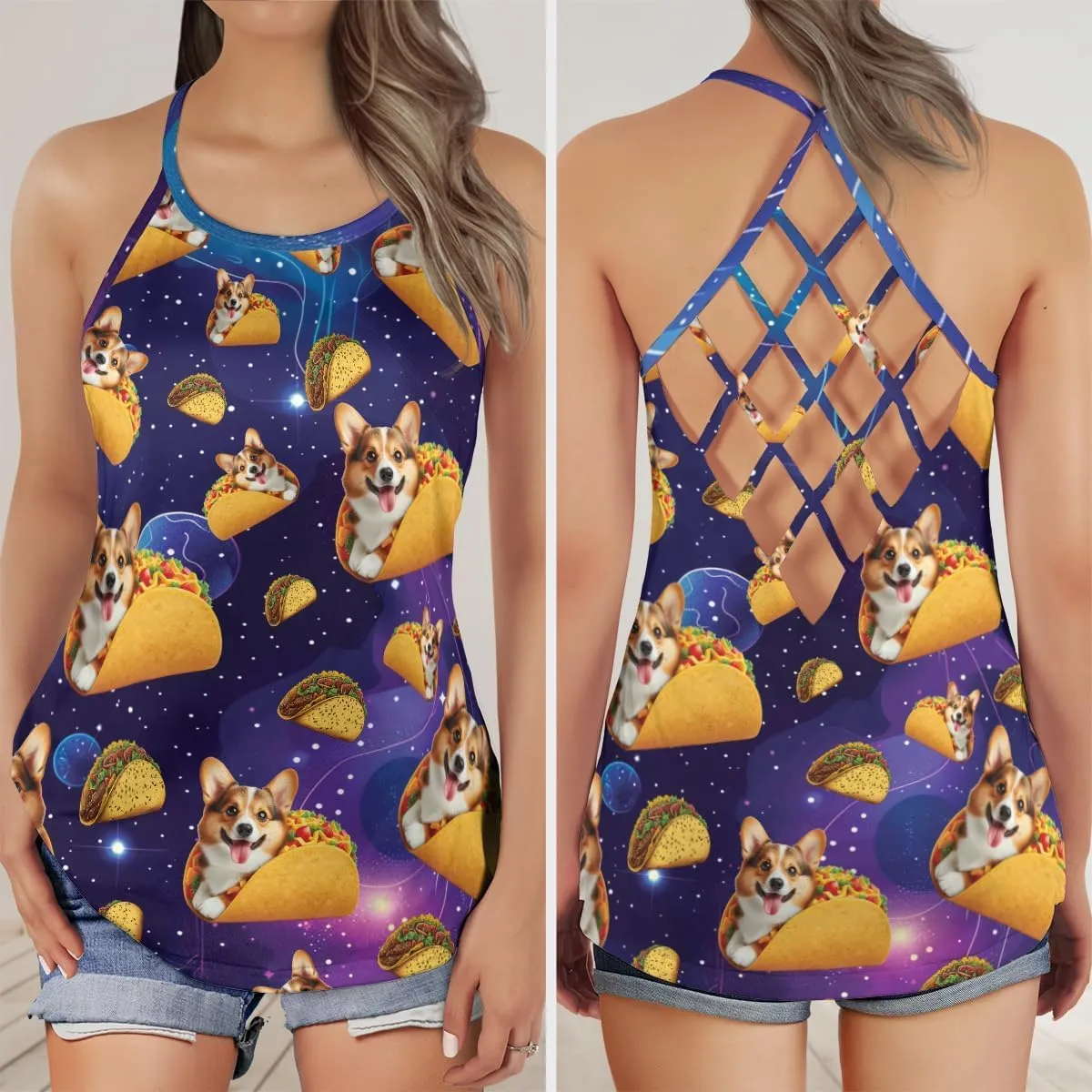 Women's Camisole Tank Tops - Dog Flying Taco Spaghetti Strap Criss Cross Open Back Tank Summer Top for Women Series 20