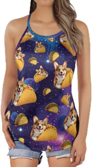 Women's Camisole Tank Tops - Dog Flying Taco Spaghetti Strap Criss Cross Open Back Tank Summer Top for Women Series 20