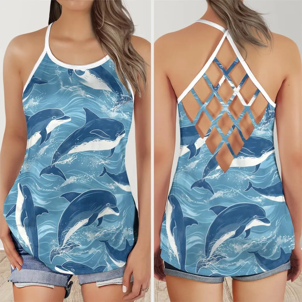 Women's Camisole Tank Tops - Dolphin Spaghetti Strap Criss Cross Open Back Tank Summer Top for Women Series 5