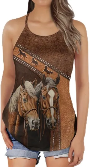 Women's Camisole Tank Tops - Vintage Horse Spaghetti Strap Criss Cross Open Back Tank Summer Top for Women Series 21