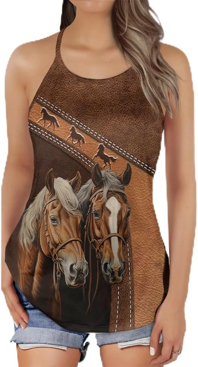 Women's Camisole Tank Tops - Vintage Horse Spaghetti Strap Criss Cross Open Back Tank Summer Top for Women Series 21