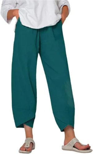 Womens Capris Pants Cotton Linen Boho Printed Cropped Baggy Trousers Summer Pallazzo Lounge Pants with Pockets