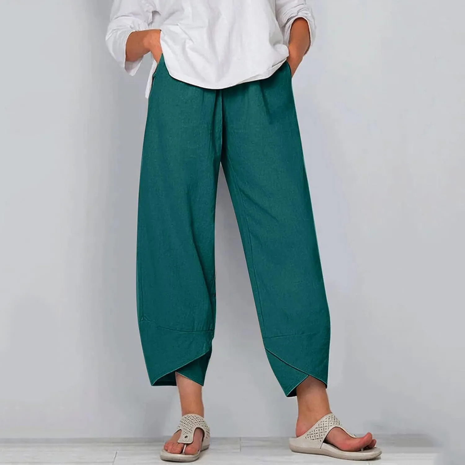 Womens Capris Pants Cotton Linen Boho Printed Cropped Baggy Trousers Summer Pallazzo Lounge Pants with Pockets