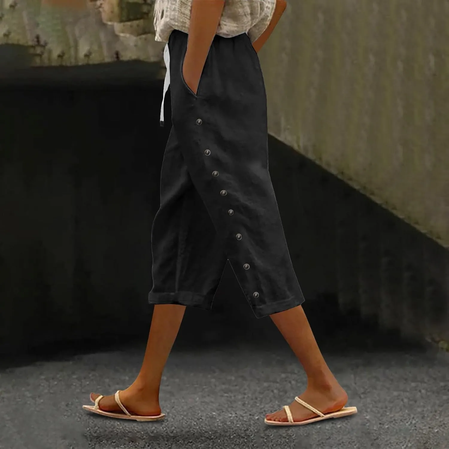 Womens Capris Pants High Waist Drawstring Comfy Casual Pants Casua Lightweight Loose Buttons Trousers with Pockets