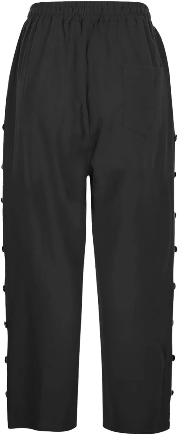 Womens Capris Pants High Waist Drawstring Comfy Casual Pants Casua Lightweight Loose Buttons Trousers with Pockets