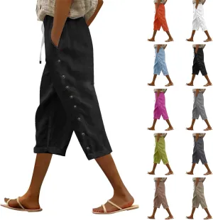 Womens Capris Pants High Waist Drawstring Comfy Casual Pants Casua Lightweight Loose Buttons Trousers with Pockets