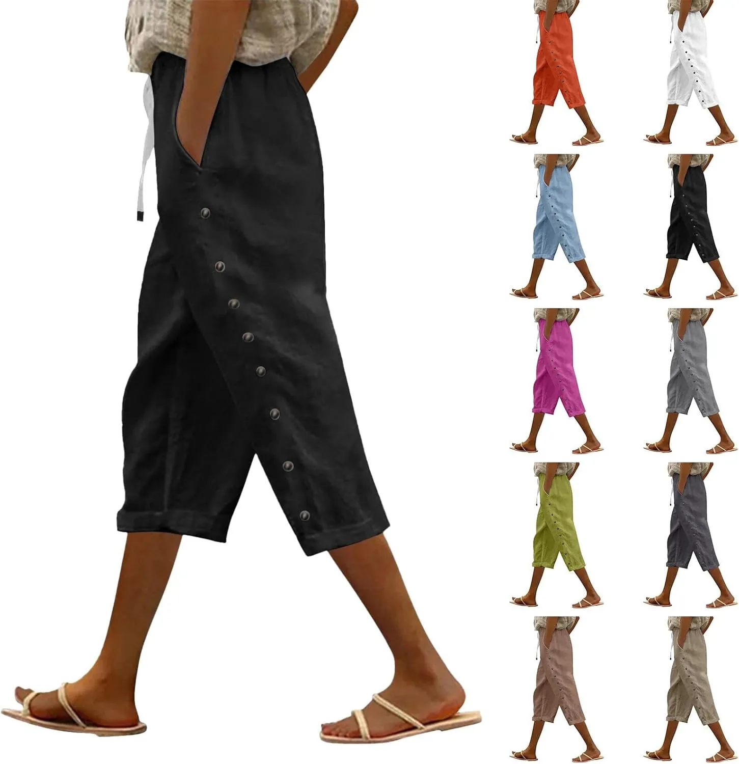 Womens Capris Pants High Waist Drawstring Comfy Casual Pants Casua Lightweight Loose Buttons Trousers with Pockets