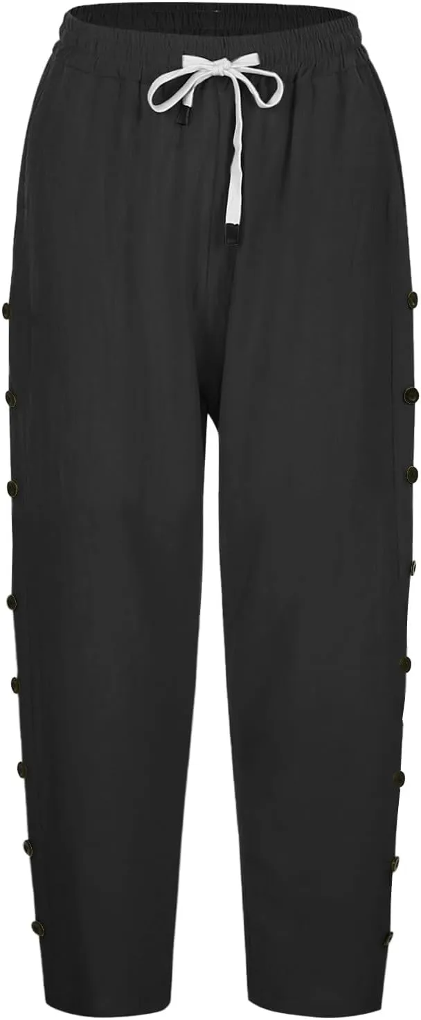 Womens Capris Pants High Waist Drawstring Comfy Casual Pants Casua Lightweight Loose Buttons Trousers with Pockets