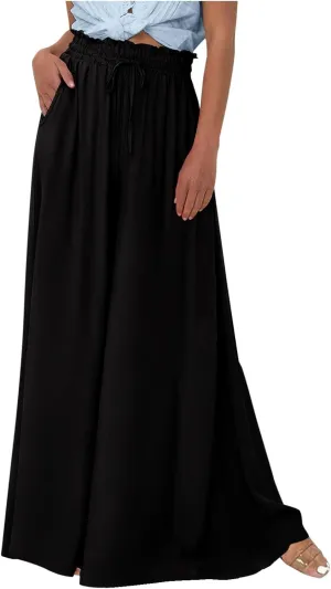 Women's Casual Boho Linen Pants Summer 2024 Floral Print Palazzo Trousers Women High Waist Wide Leg Pants with Pockets, X-Large, #A6-black