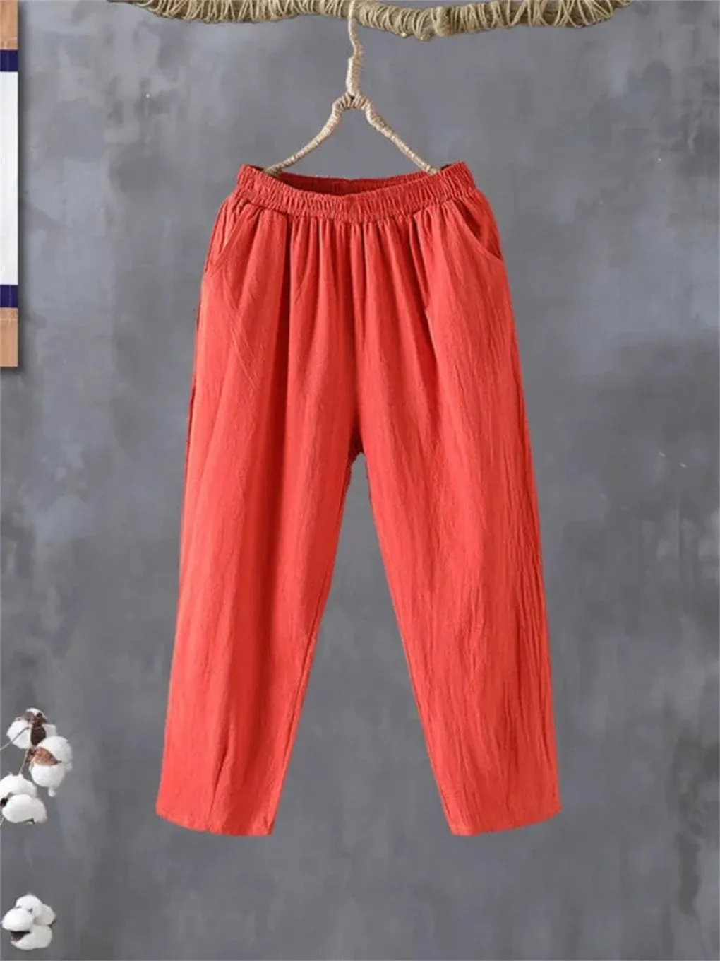 Women's Casual Cotton Linen Harem Pants Loose Solid Elastic Waist Ankle-Length Pants