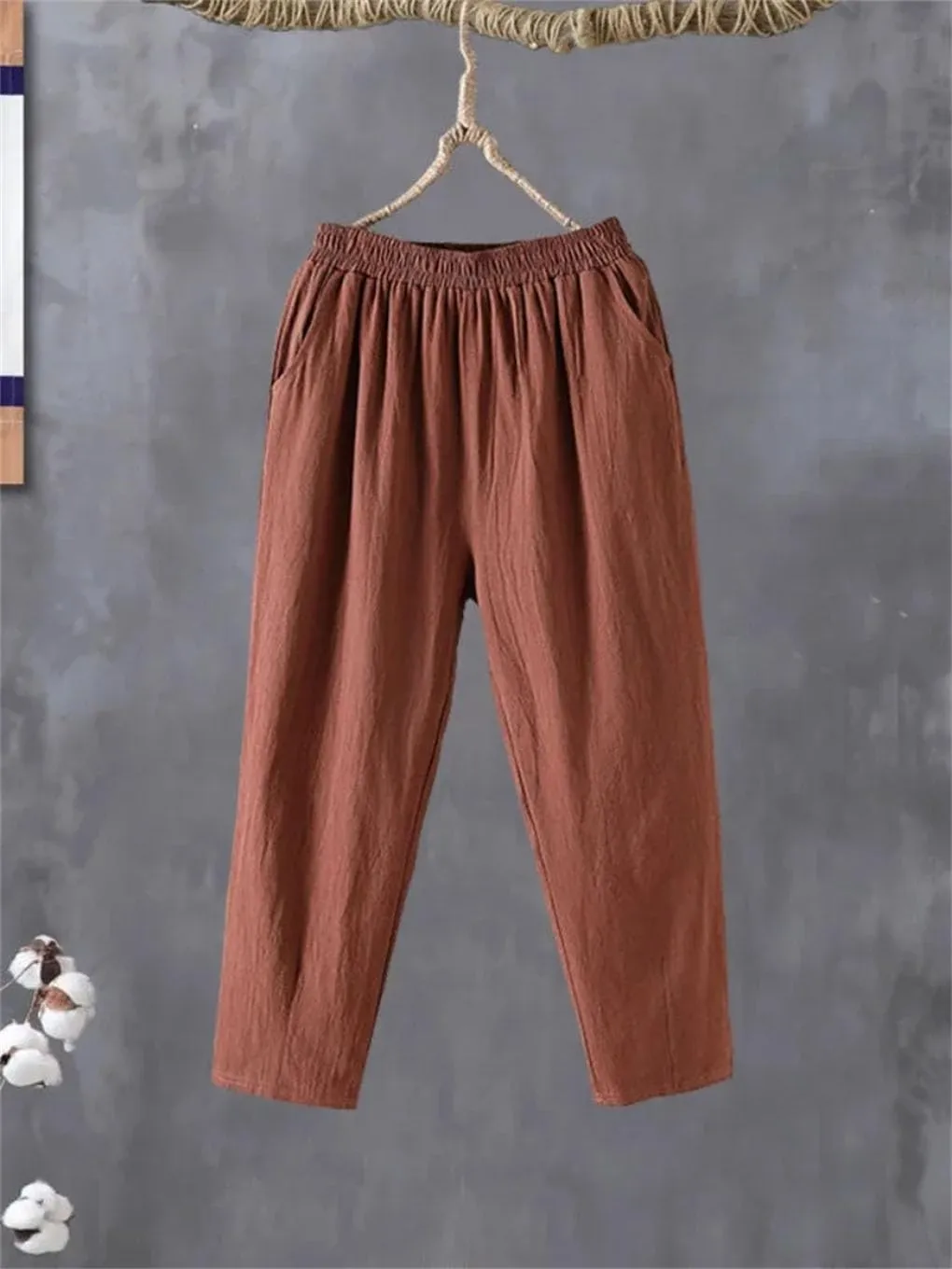 Women's Casual Cotton Linen Harem Pants Loose Solid Elastic Waist Ankle-Length Pants