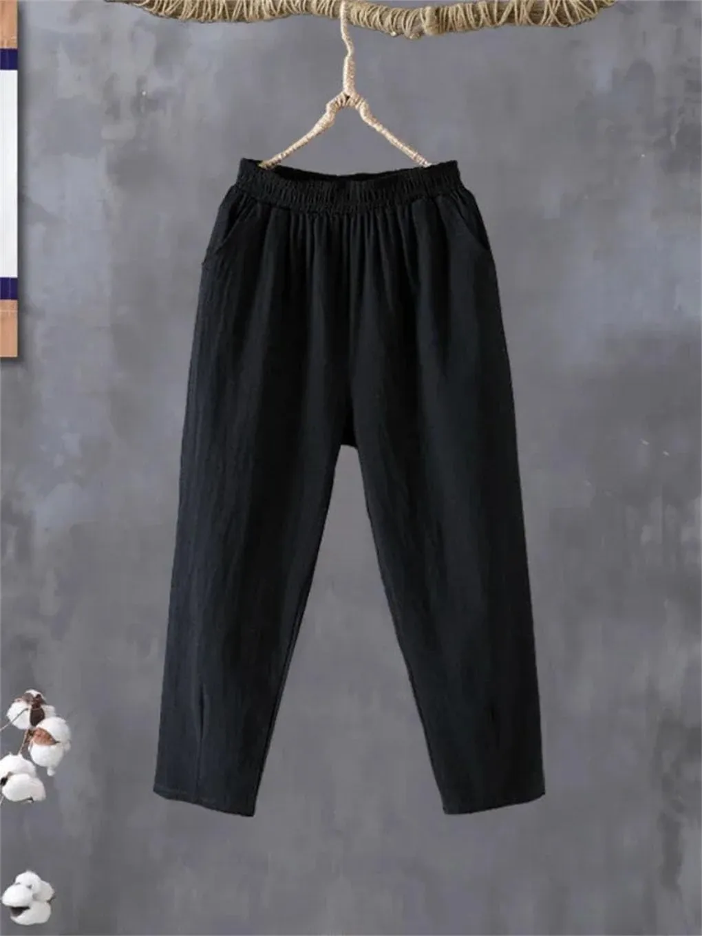 Women's Casual Cotton Linen Harem Pants Loose Solid Elastic Waist Ankle-Length Pants