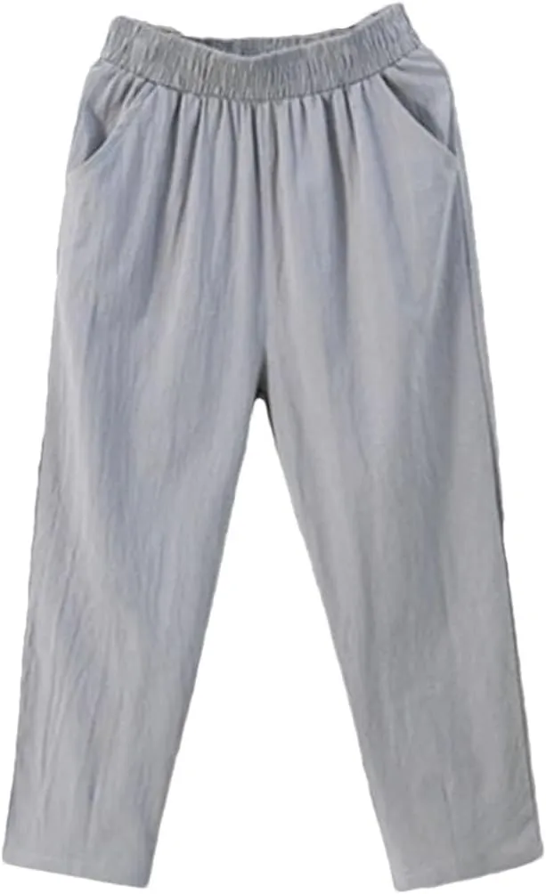 Women's Casual Cotton Linen Harem Pants Loose Solid Elastic Waist Ankle-Length Pants
