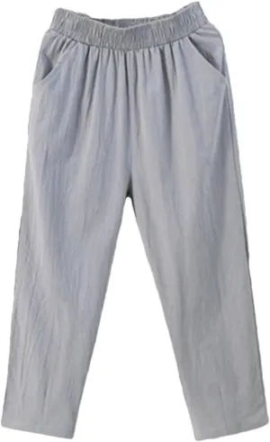 Women's Casual Cotton Linen Harem Pants Loose Solid Elastic Waist Ankle-Length Pants