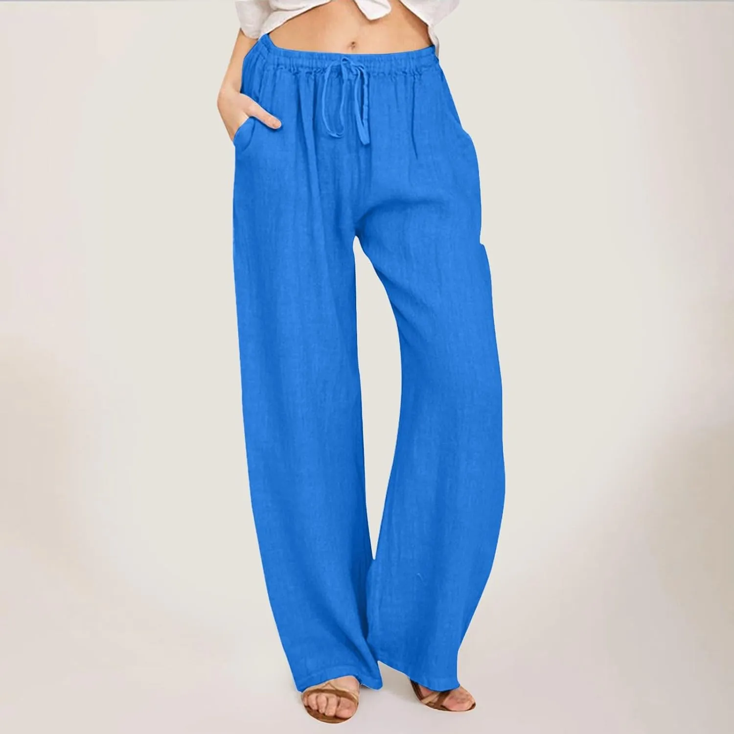 Women's Casual Pants Linen Pants Summer Wide Leg Casual Loose Drawstring High Waist Palazzo Pants Trousers with Pockets