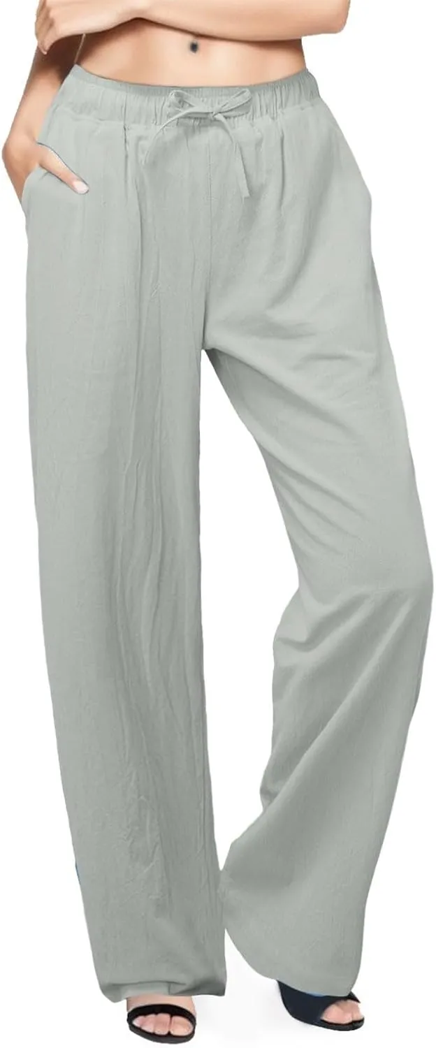 Women's Casual Pants Linen Pants Summer Wide Leg Casual Loose Drawstring High Waist Palazzo Pants Trousers with Pockets
