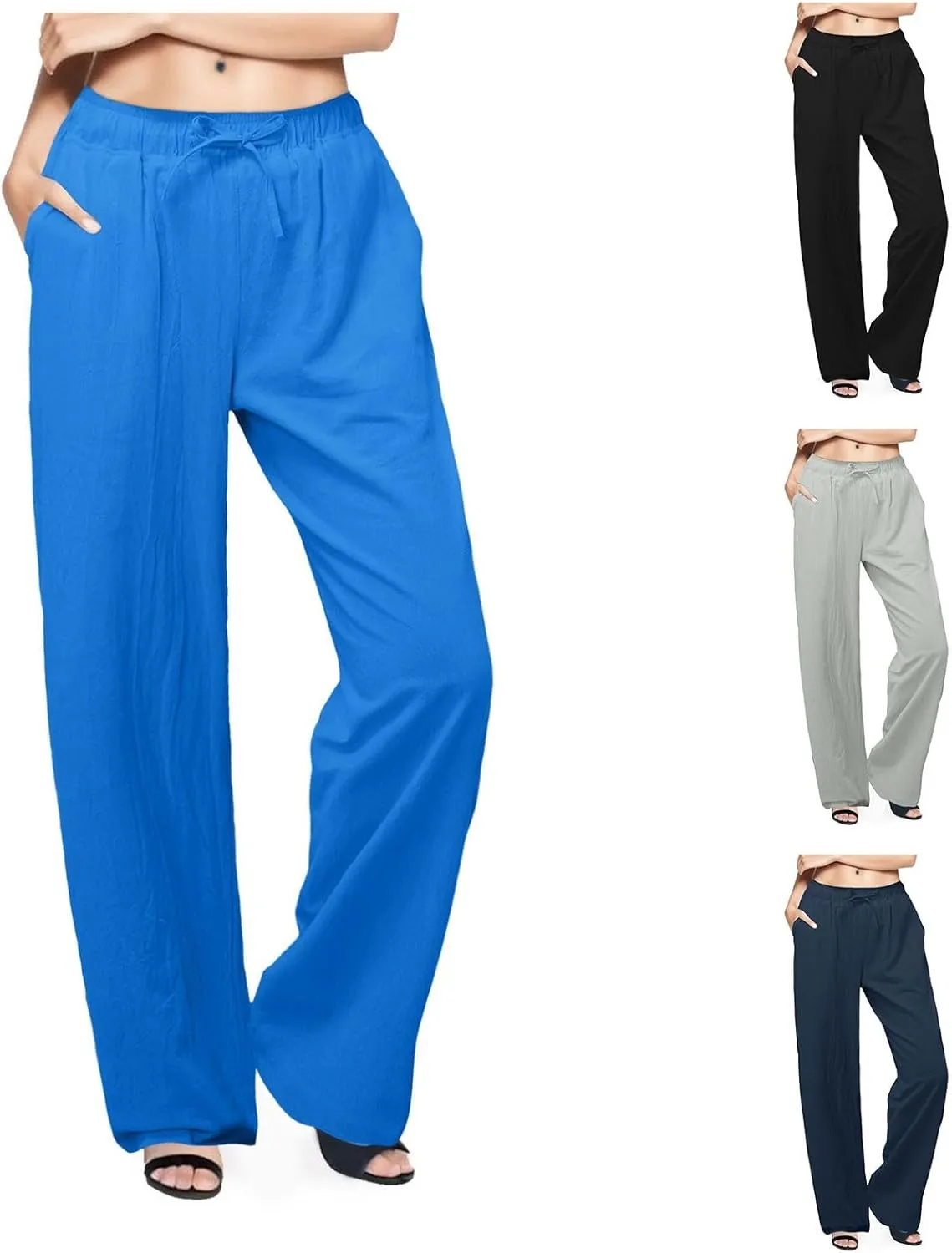 Women's Casual Pants Linen Pants Summer Wide Leg Casual Loose Drawstring High Waist Palazzo Pants Trousers with Pockets