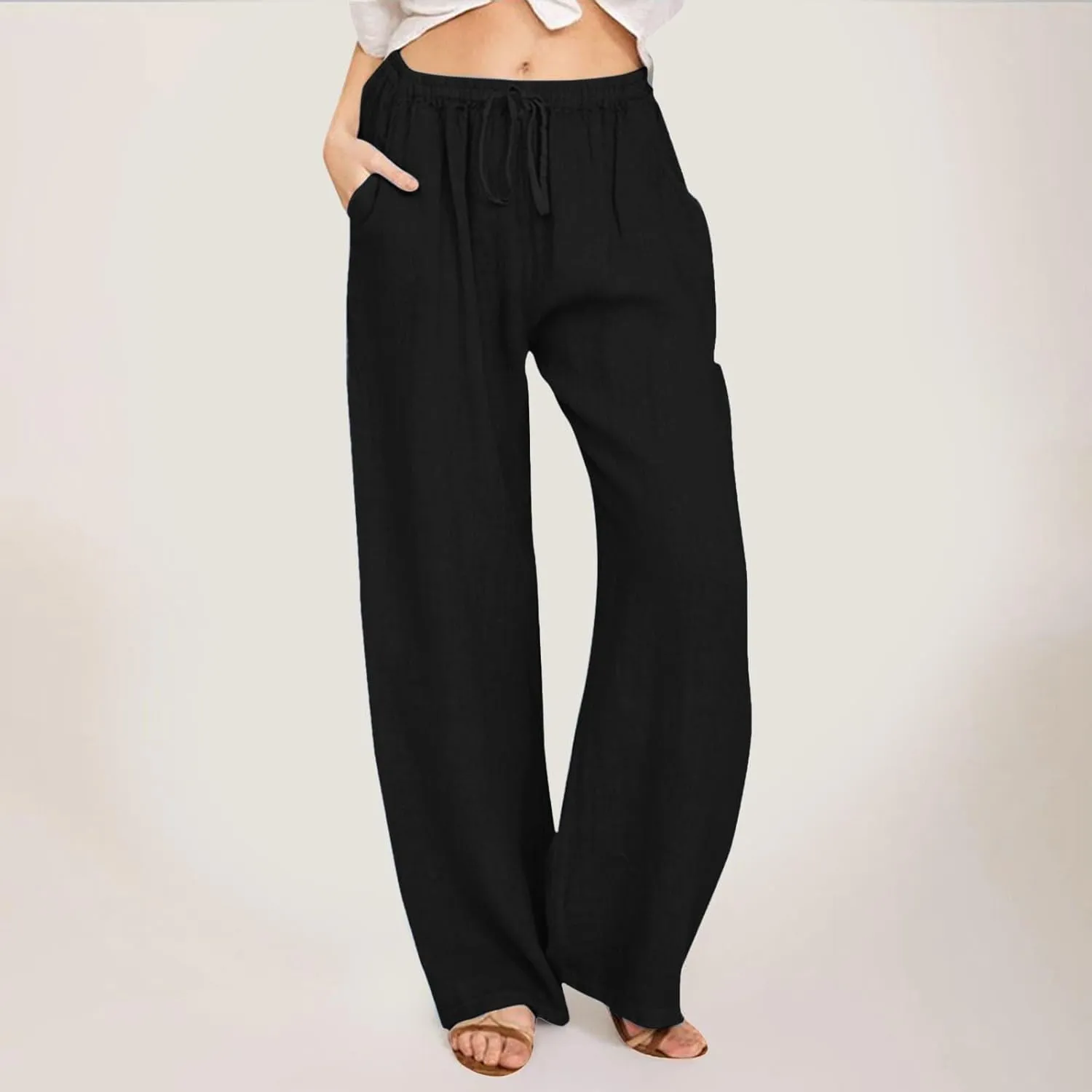 Women's Casual Pants Linen Pants Summer Wide Leg Casual Loose Drawstring High Waist Palazzo Pants Trousers with Pockets