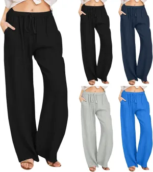 Women's Casual Pants Linen Pants Summer Wide Leg Casual Loose Drawstring High Waist Palazzo Pants Trousers with Pockets