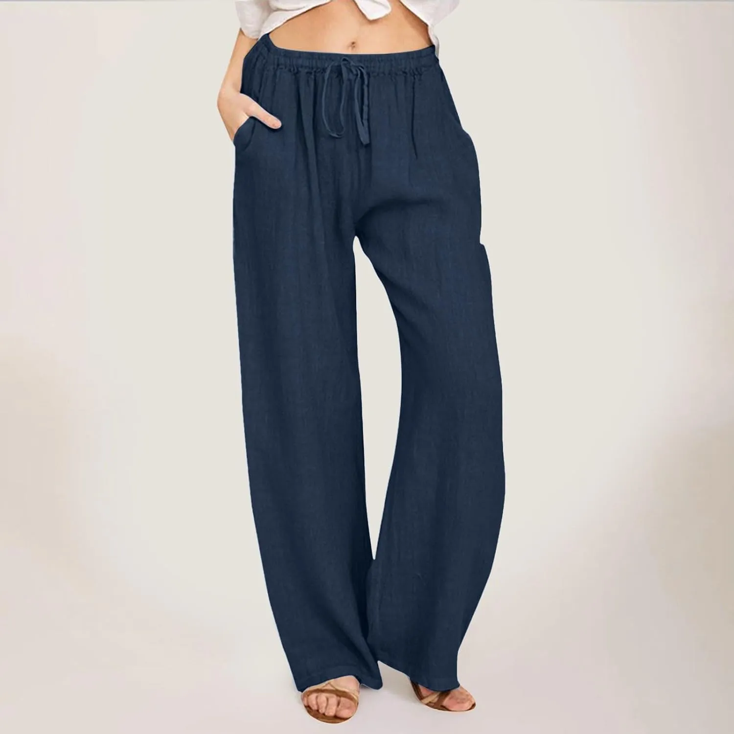 Women's Casual Pants Linen Pants Summer Wide Leg Casual Loose Drawstring High Waist Palazzo Pants Trousers with Pockets