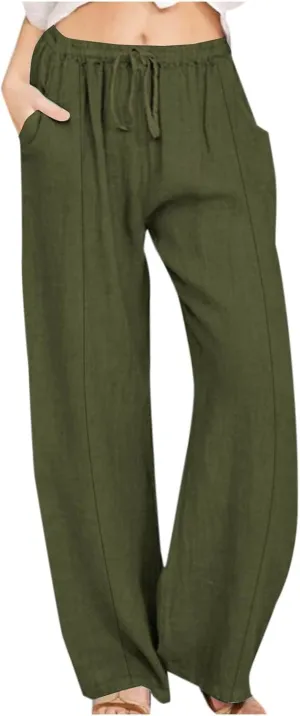 Women's Cotton Linen Pants Summer Drawstring Flowy Wide Leg Palazzo Pants Beach Vacation Trousers with Pockets