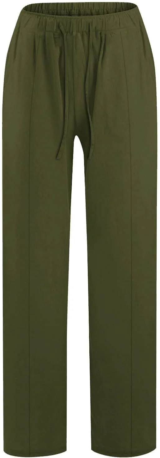 Women's Cotton Linen Pants Summer Drawstring Flowy Wide Leg Palazzo Pants Beach Vacation Trousers with Pockets