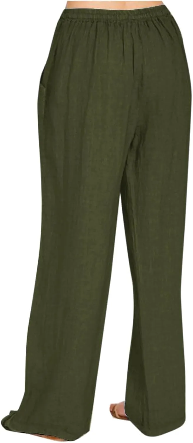 Women's Cotton Linen Pants Summer Drawstring Flowy Wide Leg Palazzo Pants Beach Vacation Trousers with Pockets