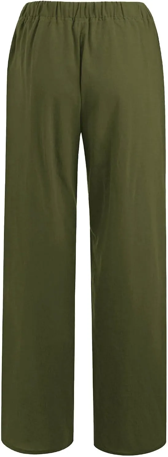 Women's Cotton Linen Pants Summer Drawstring Flowy Wide Leg Palazzo Pants Beach Vacation Trousers with Pockets