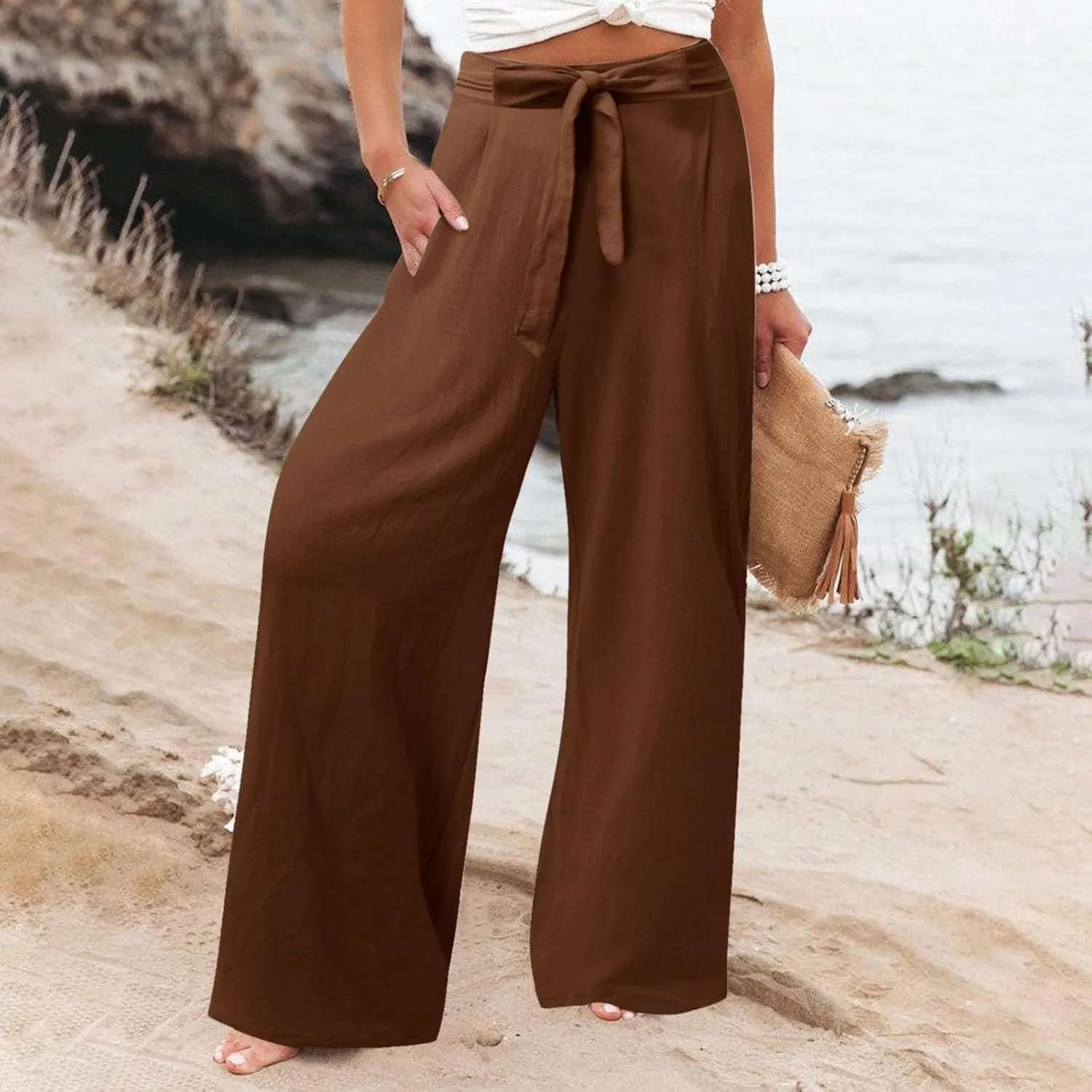 Women's Cotton Linen Summer Casual Loose Palazzo Lounge Pants Elastic Waist Lounge Pants Loose Fit Palazzo