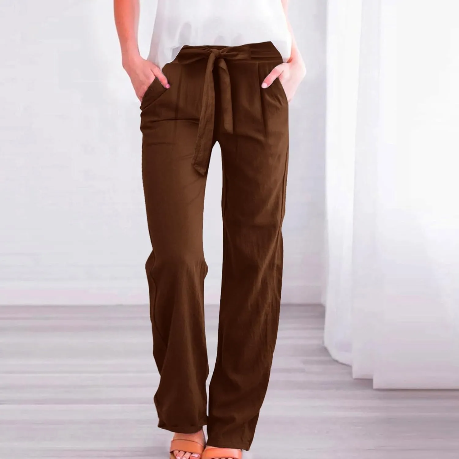 Women's Cotton Linen Summer Casual Loose Palazzo Lounge Pants Elastic Waist Lounge Pants Loose Fit Palazzo