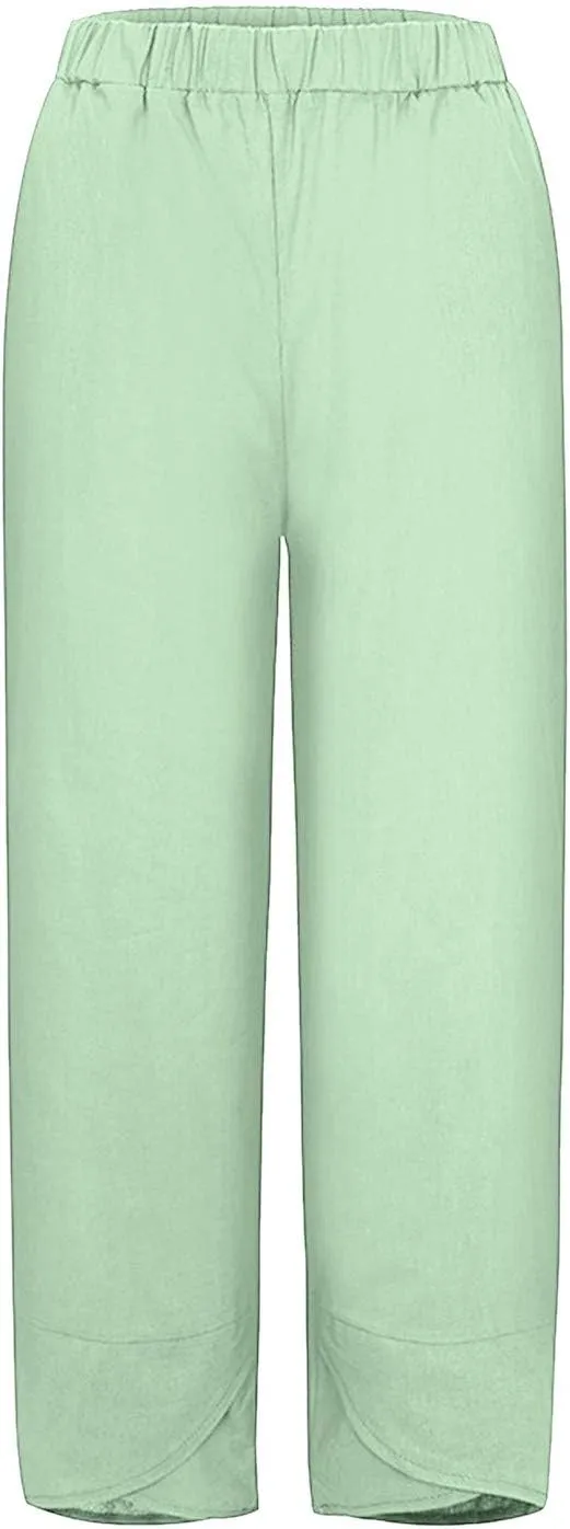 Women's Cotton Linen Trousers Summer Causal Straight Leg Solid Color Loose Fit Pants Lounge Palazzo Pants with Pockets