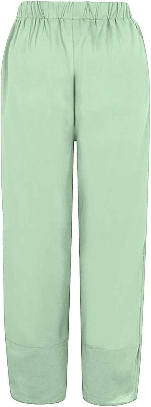 Women's Cotton Linen Trousers Summer Causal Straight Leg Solid Color Loose Fit Pants Lounge Palazzo Pants with Pockets
