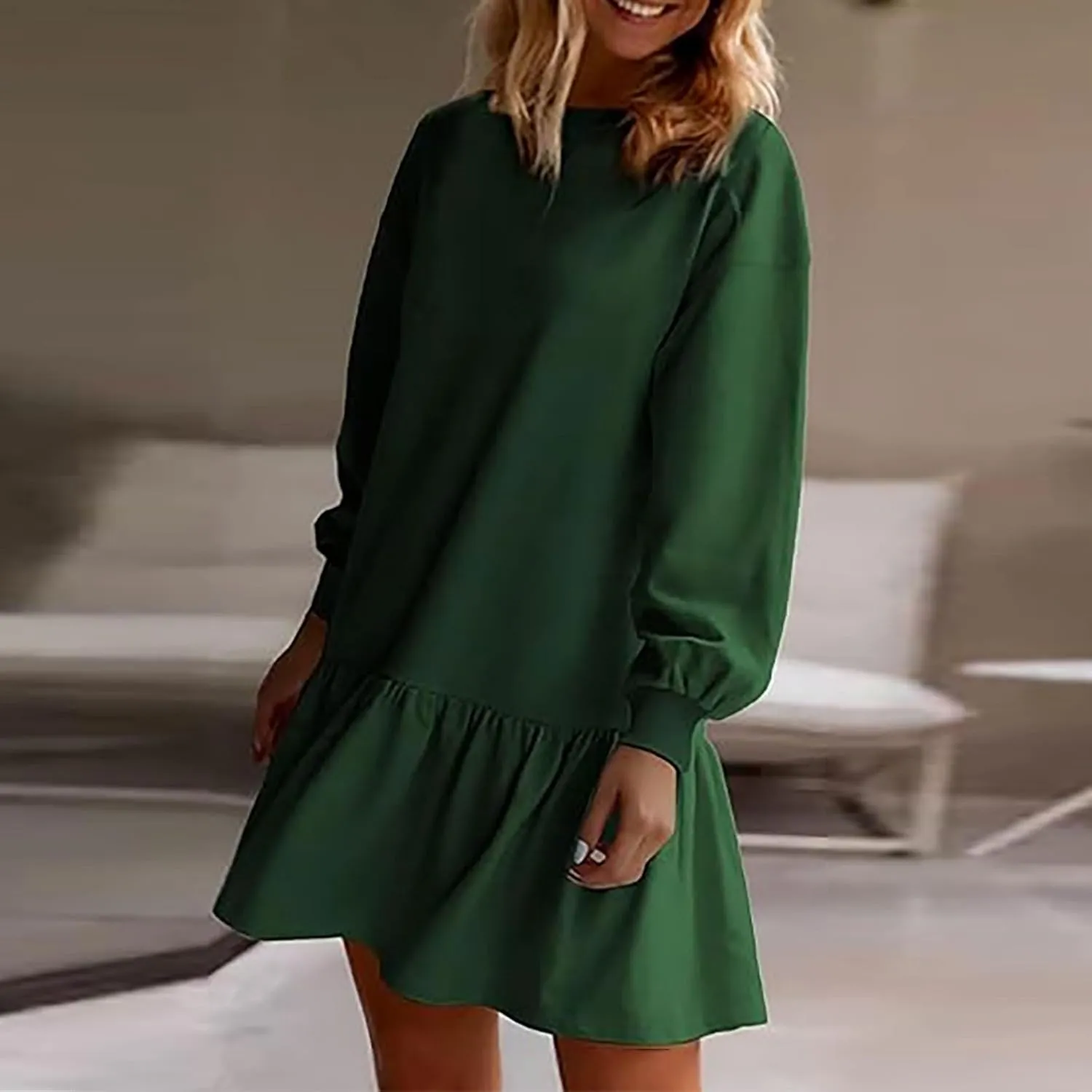 Womens Crewneck Long Sleeve Fall Dresses 2024 Trendy Mini Ruffle Skirts Casual Loose Patchwork Sweatshirt Pullover Tops