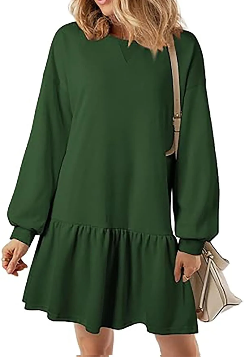 Womens Crewneck Long Sleeve Fall Dresses 2024 Trendy Mini Ruffle Skirts Casual Loose Patchwork Sweatshirt Pullover Tops